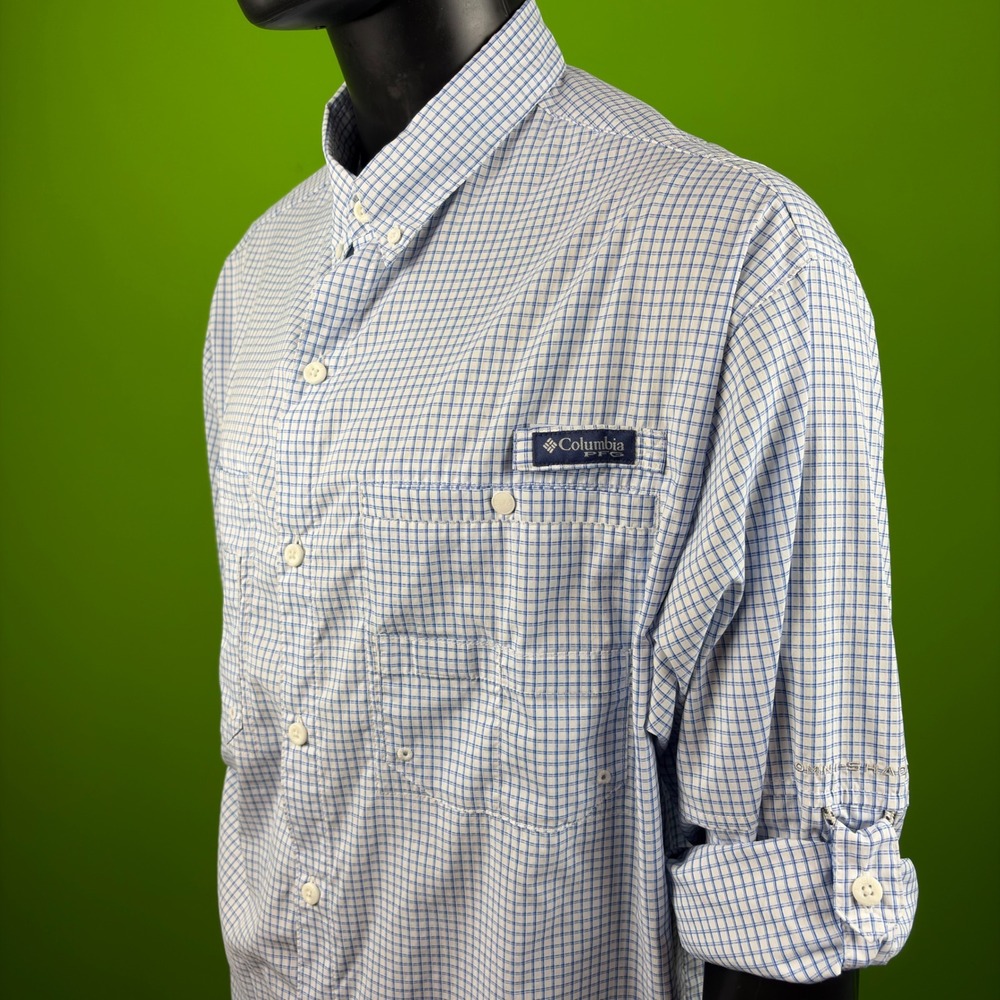 Columbia PFG Tamiami Vented Fishing Shirt Mens XL Blue/White Windowpane FM7187